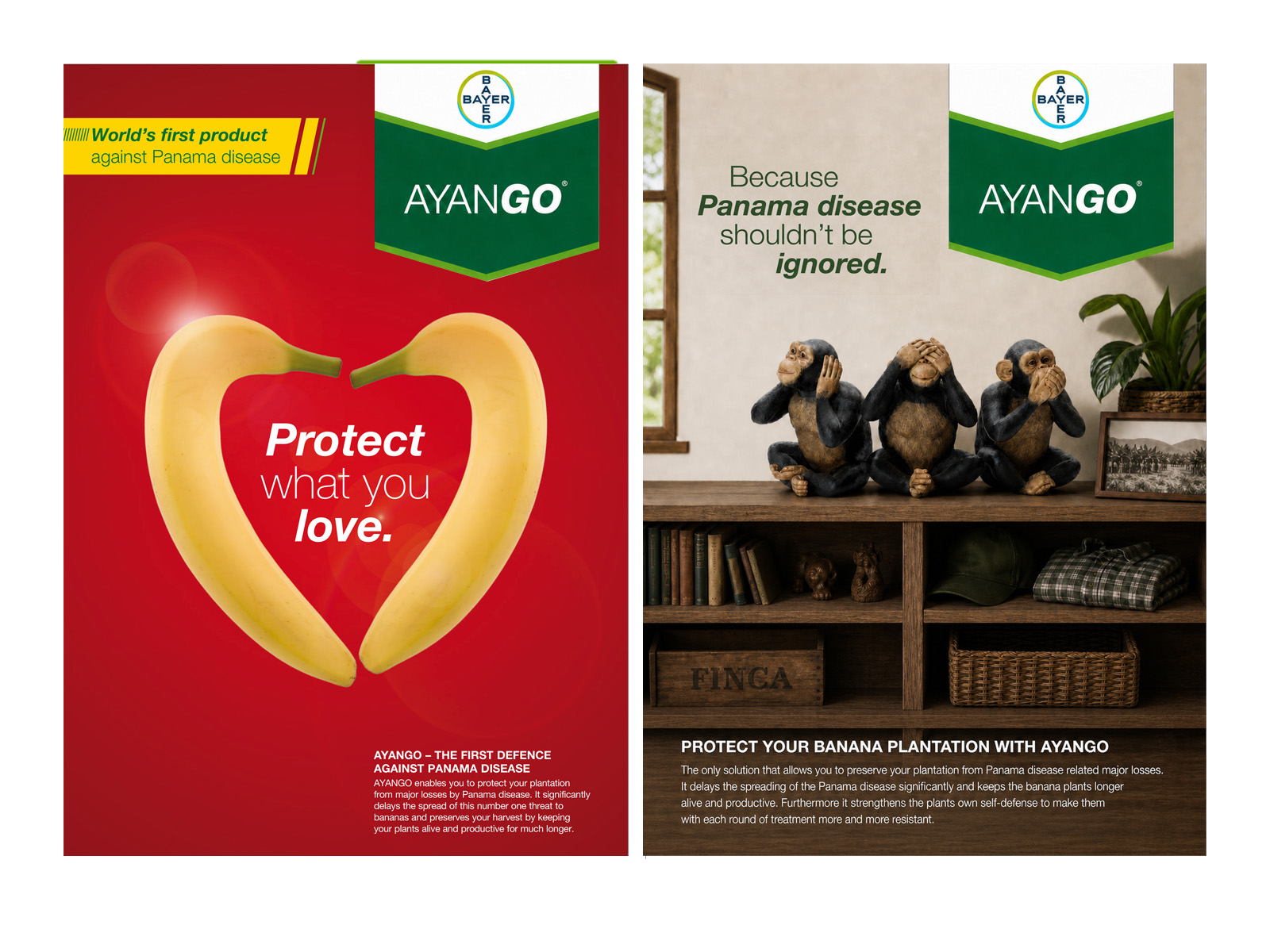 Bayer AYANGO campaign: two bananas forming a heart with the headline Protect what you love